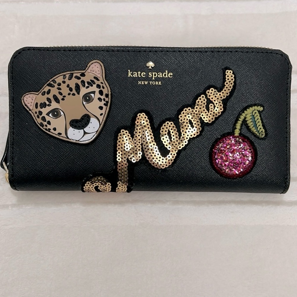 ♠️ Kate Spade Run Wild Leopard Neda Black Zip Around Continental Wallet ♠️